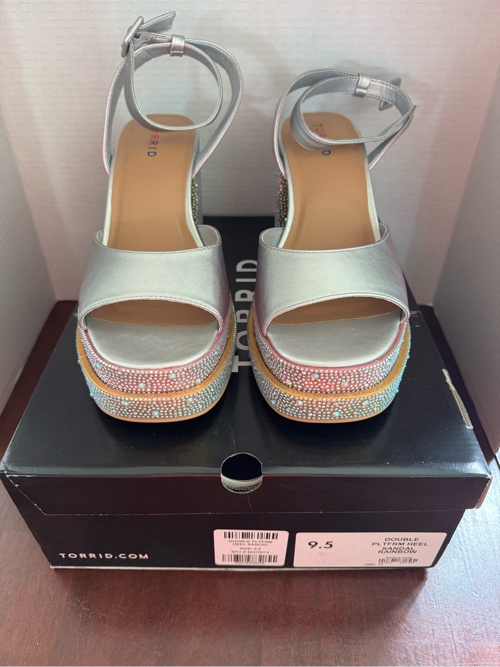 torrid Silver Ankle-Strap Platform Sandals with Multicolor Rhinestone Trim